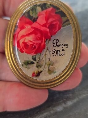 Vintage Floral Cabochon Pendant with Red Roses Two Women San Francisco Brand 2"